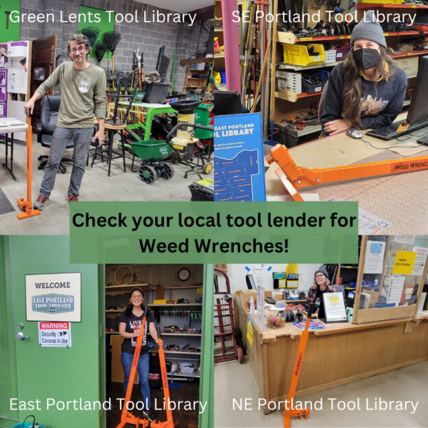 Image of four local tool libraries, Green Lents, Souteast Portland, East Portland and Northeast Portland Recieving free Weed Wrench tools from East Multnomah Soil and Water Conservation District